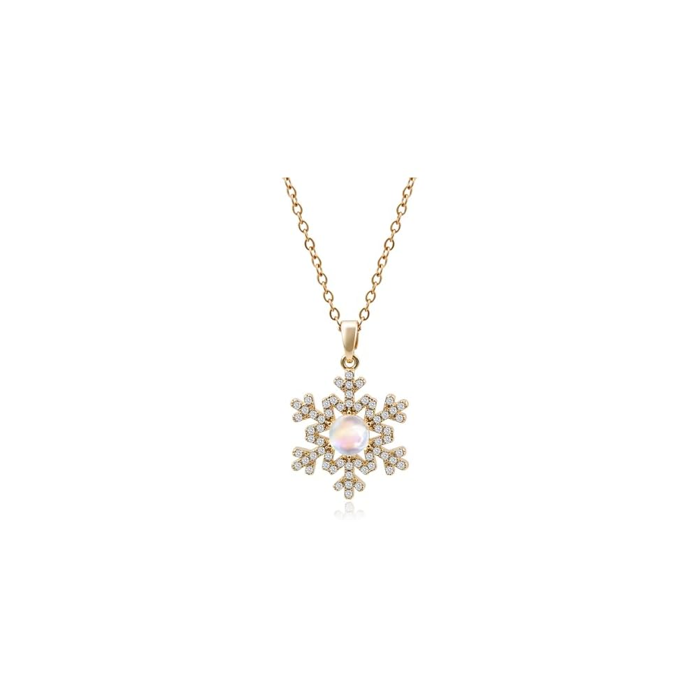 Snowflake Moonstone Necklace for Women Sparkle CZ Pendant Necklaces 14K Gold Plated Chain Dainty Opal Gemstone Jewelry Gifts