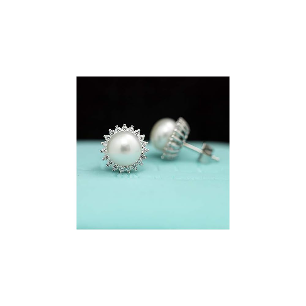 "Sunshine" Sterling Silver 8.5-9mm White Freshwater Cultured Pearl Earrings Studs AAA Zirconia Earrings Gift for Women