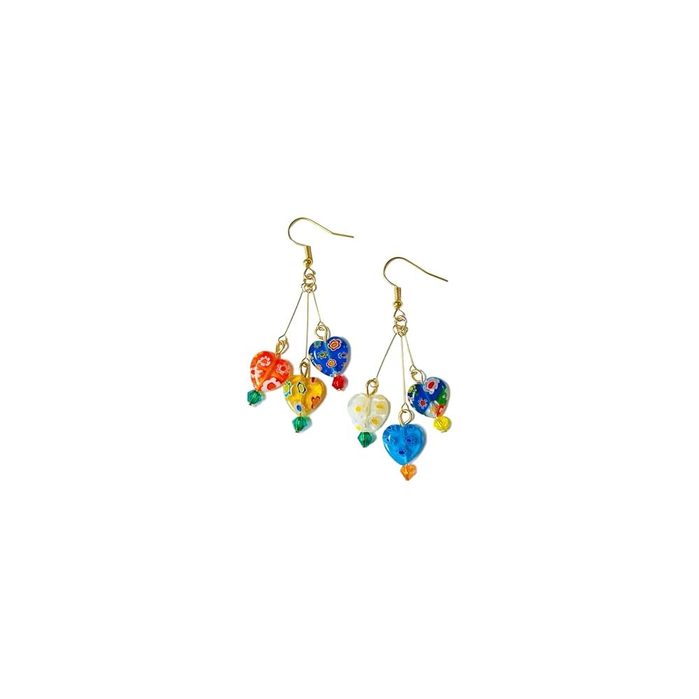 Murano Style Glass Earrings, Colorful Heart Shape Millefiori Beads Drop Dangle Earrings, 18k Gold Plated Multicolor Glass Jewelry, Trendy Gifts for Women Girls