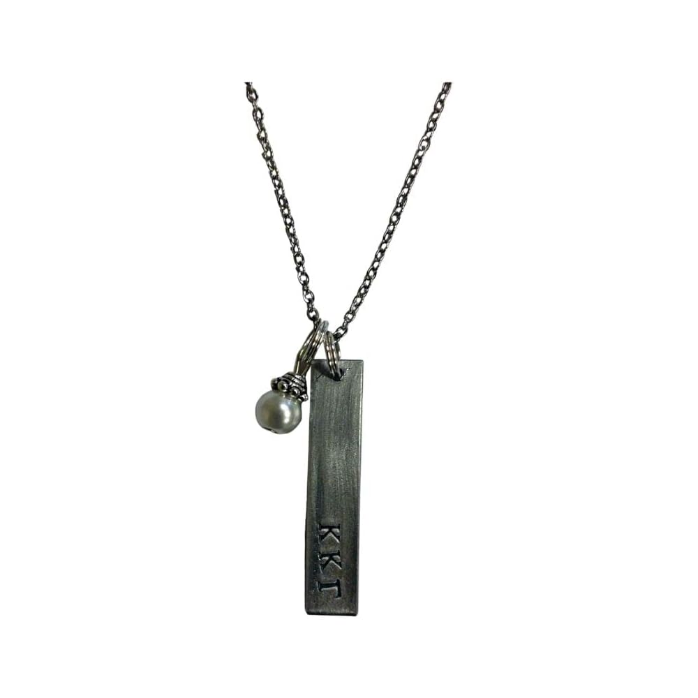 Kappa Kappa Gamma Bar Pendant with glass pearl dangle, KKG gift, Sorority Greek Necklaces, comes on an 18 inch stainless steel link necklace with lobster claw