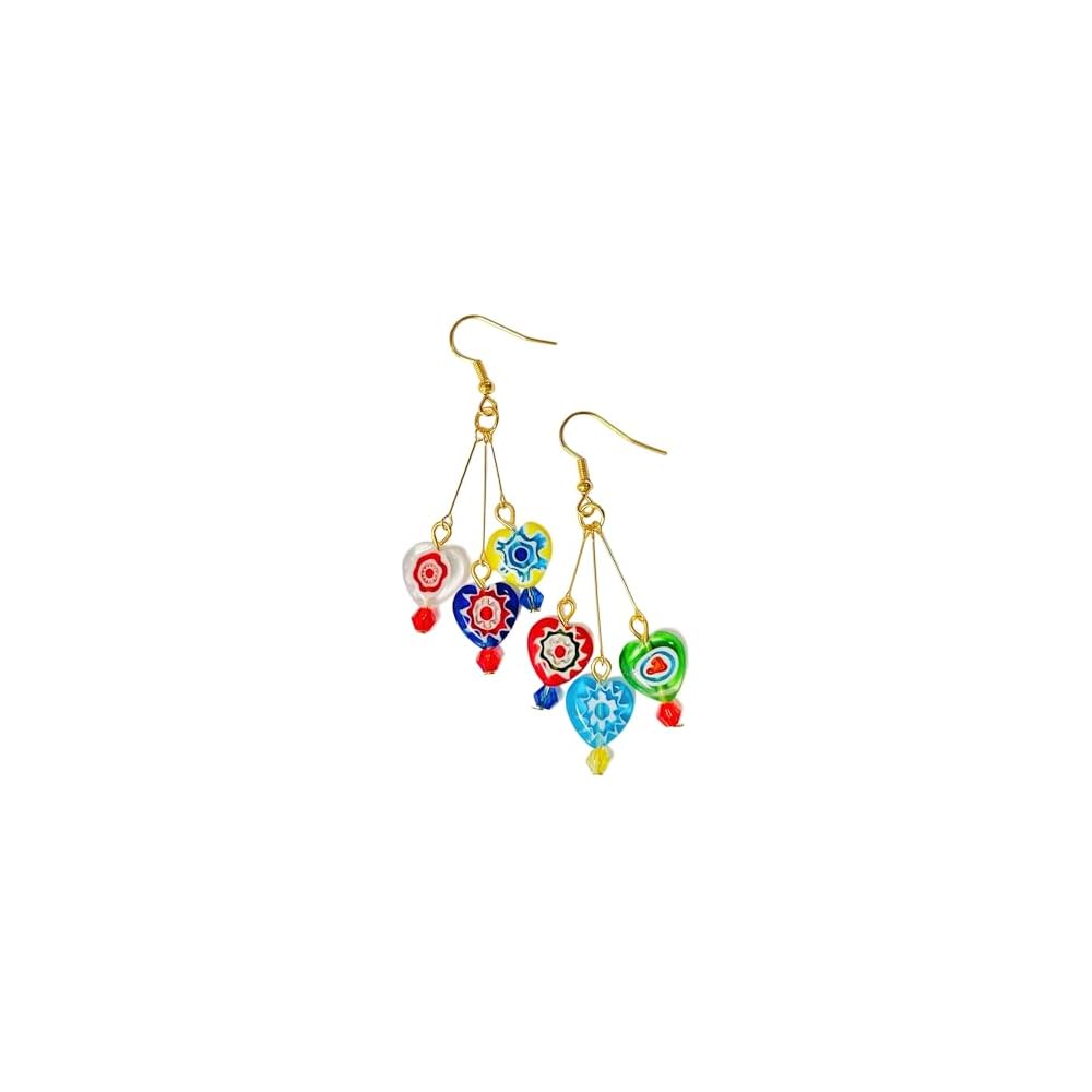 Murano Style Glass Earrings, Colorful Heart Shape Millefiori Beads Drop Dangle Earrings, 18k Gold Plated Multicolor Glass Jewelry, Trendy Gifts for Women Girls
