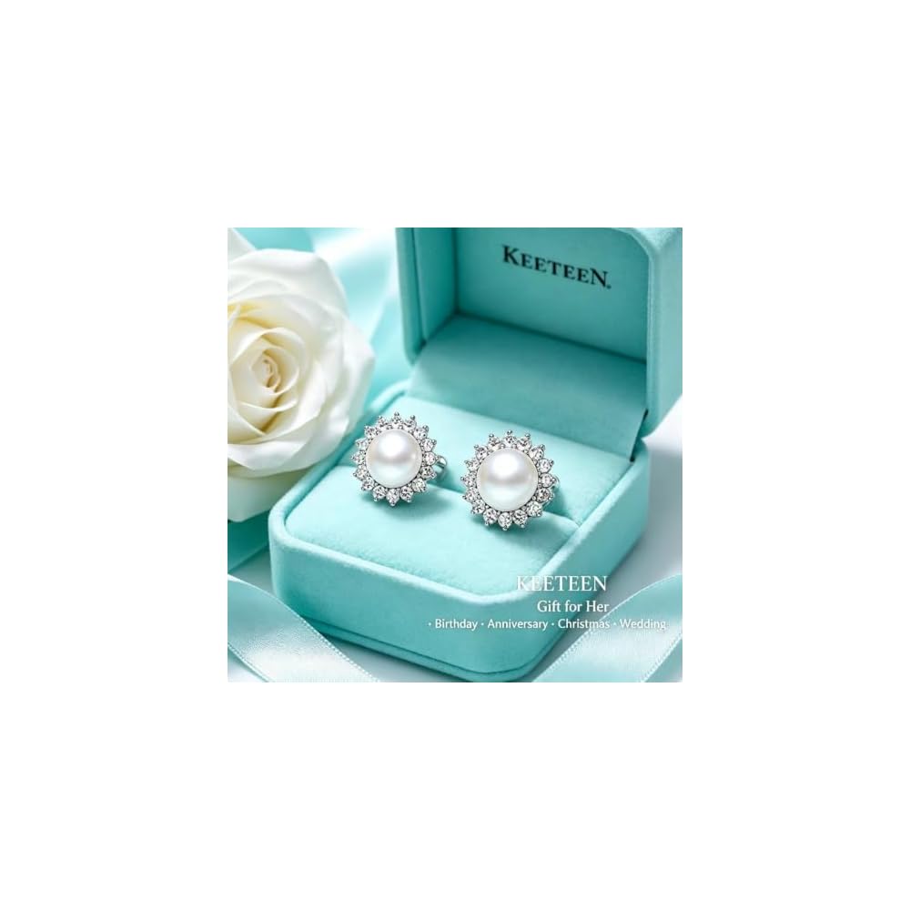 "Sunshine" Sterling Silver 8.5-9mm White Freshwater Cultured Pearl Earrings Studs AAA Zirconia Earrings Gift for Women