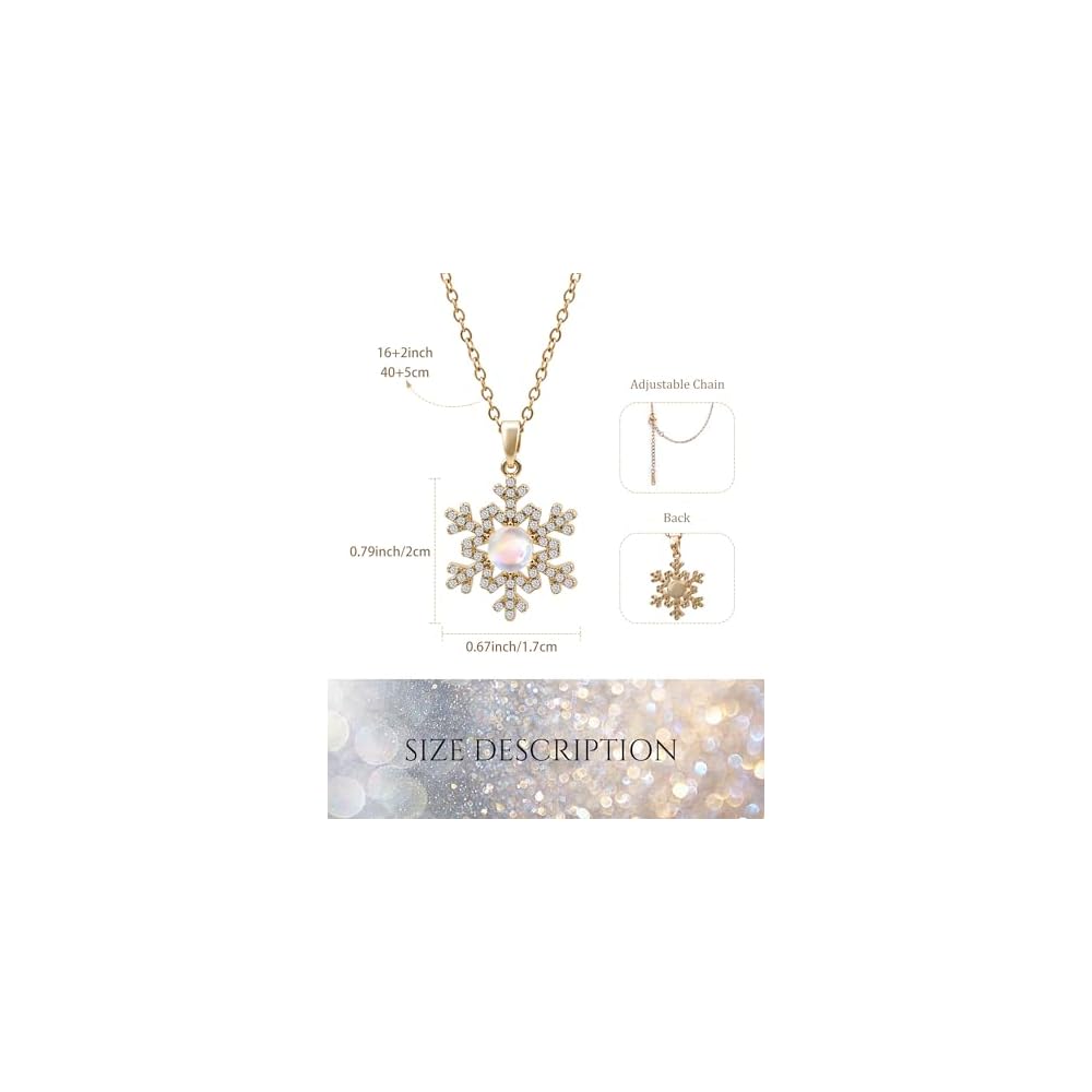 Snowflake Moonstone Necklace for Women Sparkle CZ Pendant Necklaces 14K Gold Plated Chain Dainty Opal Gemstone Jewelry Gifts