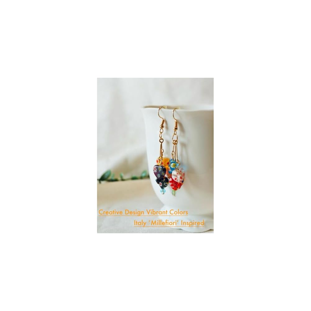 Murano Style Glass Earrings, Colorful Heart Shape Millefiori Beads Drop Dangle Earrings, 18k Gold Plated Multicolor Glass Jewelry, Trendy Gifts for Women Girls