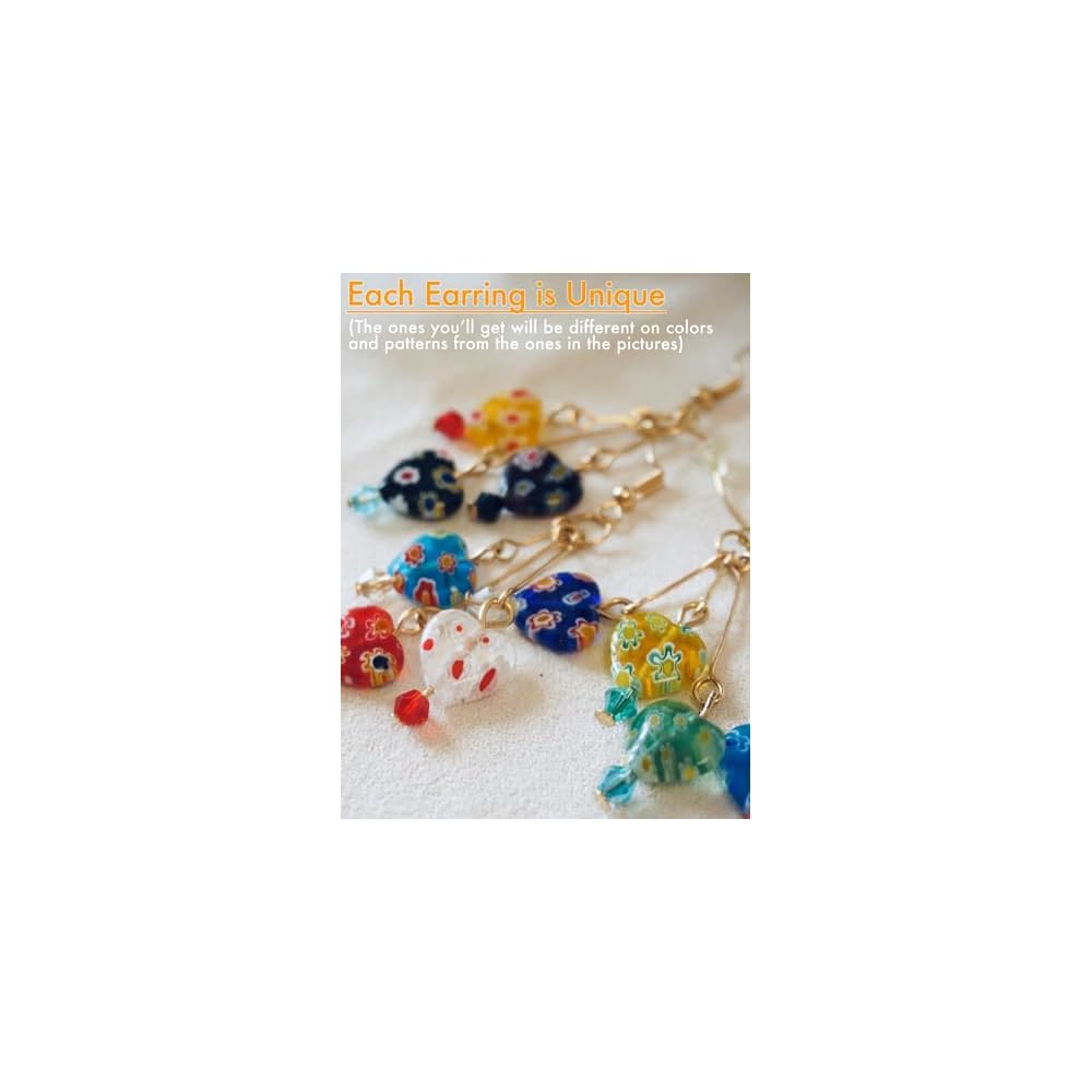 Murano Style Glass Earrings, Colorful Heart Shape Millefiori Beads Drop Dangle Earrings, 18k Gold Plated Multicolor Glass Jewelry, Trendy Gifts for Women Girls