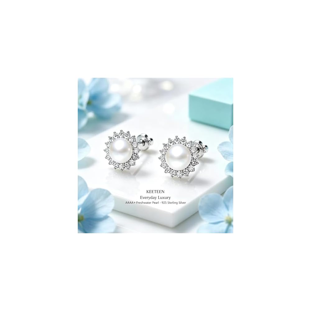 "Sunshine" Sterling Silver 8.5-9mm White Freshwater Cultured Pearl Earrings Studs AAA Zirconia Earrings Gift for Women