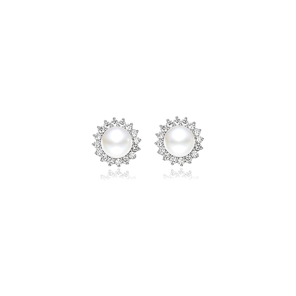 "Sunshine" Sterling Silver 8.5-9mm White Freshwater Cultured Pearl Earrings Studs AAA Zirconia Earrings Gift for Women
