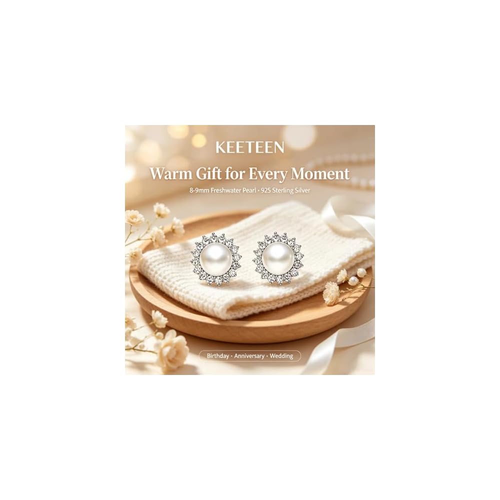 "Sunshine" Sterling Silver 8.5-9mm White Freshwater Cultured Pearl Earrings Studs AAA Zirconia Earrings Gift for Women