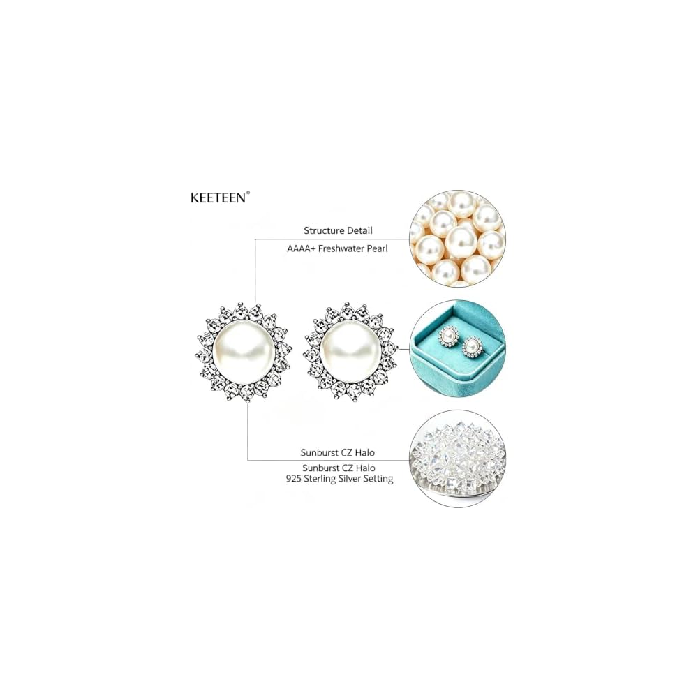 "Sunshine" Sterling Silver 8.5-9mm White Freshwater Cultured Pearl Earrings Studs AAA Zirconia Earrings Gift for Women