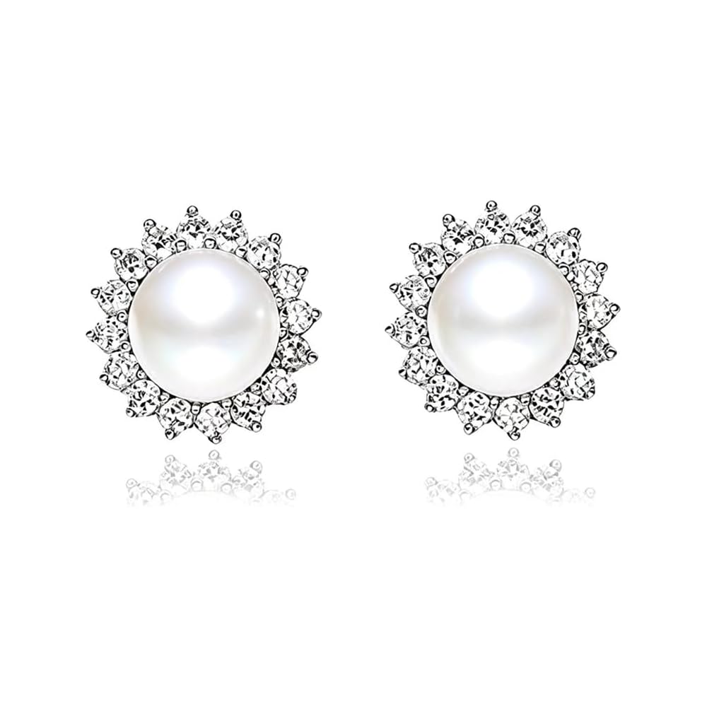 "Sunshine" Sterling Silver 8.5-9mm White Freshwater Cultured Pearl Earrings Studs AAA Zirconia Earrings Gift for Women