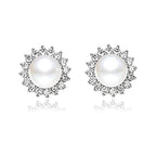 "Sunshine" Sterling Silver 8.5-9mm White Freshwater Cultured Pearl Earrings Studs AAA Zirconia Earrings Gift for Women