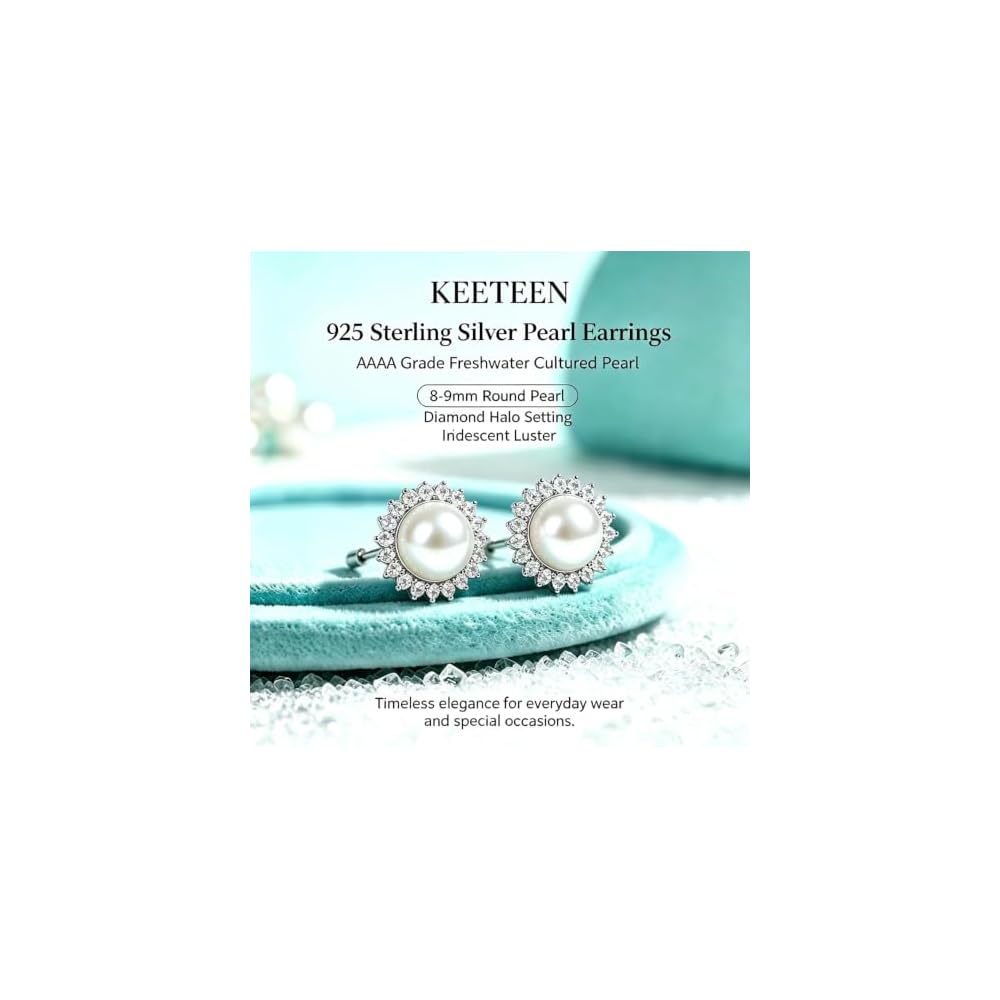 "Sunshine" Sterling Silver 8.5-9mm White Freshwater Cultured Pearl Earrings Studs AAA Zirconia Earrings Gift for Women