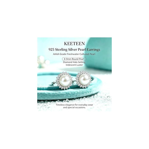 "Sunshine" Sterling Silver 8.5-9mm White Freshwater Cultured Pearl Earrings Studs AAA Zirconia Earrings Gift for Women