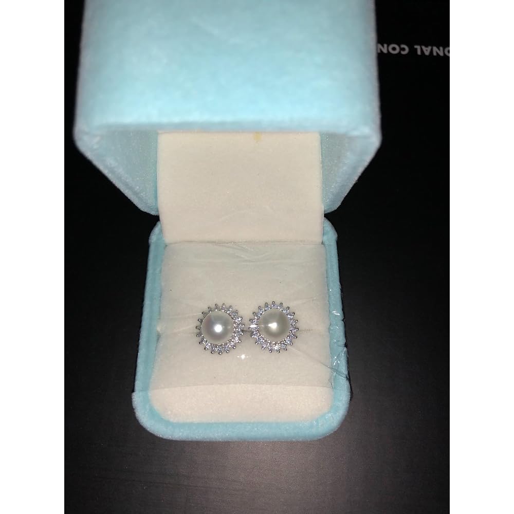 "Sunshine" Sterling Silver 8.5-9mm White Freshwater Cultured Pearl Earrings Studs AAA Zirconia Earrings Gift for Women
