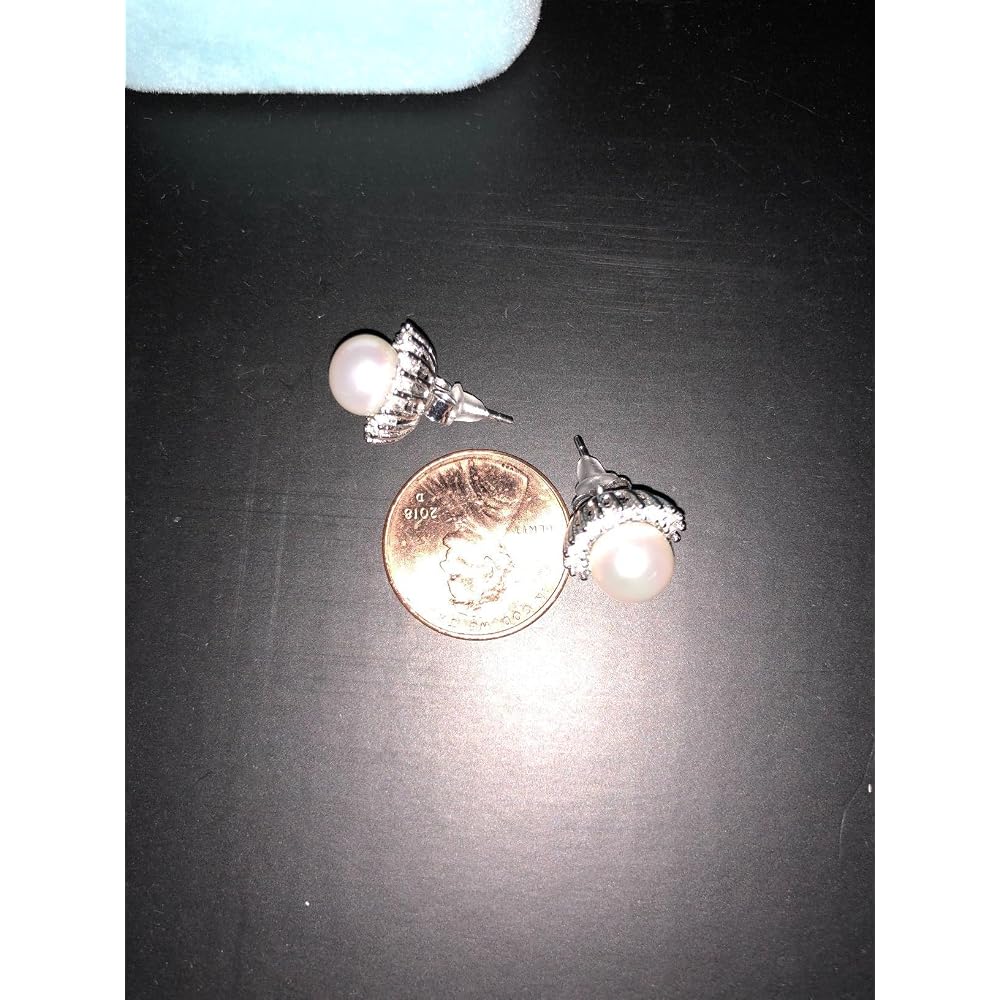 "Sunshine" Sterling Silver 8.5-9mm White Freshwater Cultured Pearl Earrings Studs AAA Zirconia Earrings Gift for Women
